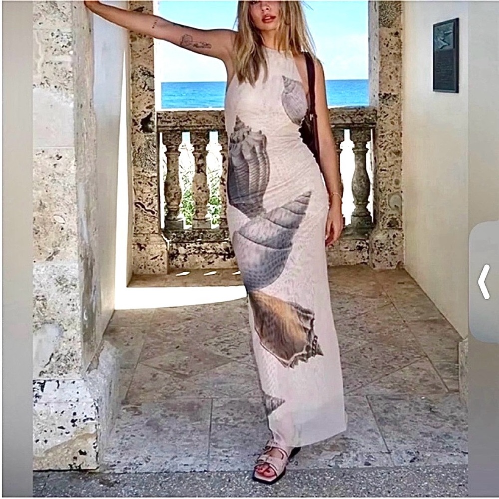 Zara Beach Seashell Print Halterneck Mesh long midi Dress sz.M